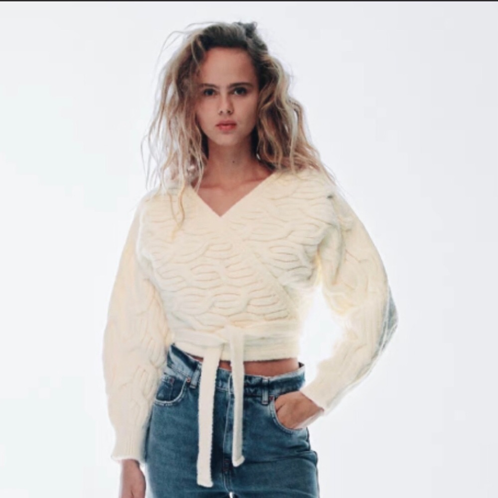 ZARA Cable Knit Cropped Wrap Sweater